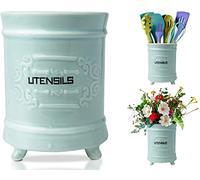 French Blue Ceramic Utensil Holder - Vintage Style Kitchen Utensil Caddy - Antique Design Cooking Utensil Organizer - Rustic French Country Utensil Crock - Perfect Gift for Cooking Enthuziast