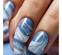 French Blue Press On Nails - 24PCS Short Coffin Fake Nails with Ocean Pattern, Square ABS False Full Cover Set for Women, Easy Stick-On Application, Ideal for Summer or Spring Looks