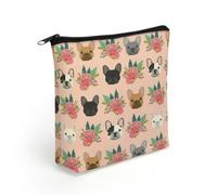 French Bulldog and Flowers Linen Cosmetic Pouch with Secure Zipper, Lightweight Washable Multi Purpose Toiletry Storage Bag, Portable Makeup Carry Sack for Holiday Trip Daily Organiser