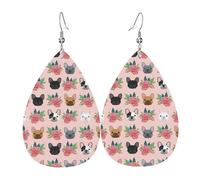 French Bulldog And Flowers Piercing Teardrop Earrings Set Trendy Faux Leather For Women Girls Birthday Xmas Jewelry Gift