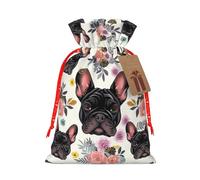 French Bulldog And Flowers Printed Christmas Drawstring Gift Bags-Xmas Wrapping Bags,Candy Bag,For Holiday Party Decorations,Wedding Party Supplies M Red Christmas Ribbon