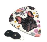 French Bulldog And flowers Printed Guitar Picks, 6 Pack with Leather Keychain Pick Holder - 0.46mm, 0.71mm, 0.96mm Assorted Thickness for Acoustic Ukulele, Electric Guitar, Acoustic Guitar, Bass