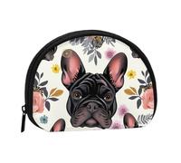 French Bulldog And flowers Printed Mini Coin Pouch, Shell Shape Zip Around Wallet, Small Zipper Pouch for Cash, Cards, Keys, Lipstick, Storage Pouch, Travel Organizer