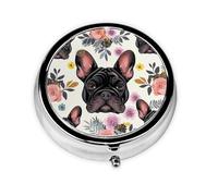 French Bulldog and Flowers Printed Round Pill Organizer with 3 Compartments, Portable Mini Pill Box Pill Case for Medicine, Vitamin, Fish Oil, Supplements