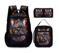 French Bulldog Backpack School Supplies Bundle for Boys Age 10, Dog Animal Backpack 3 Piece Set Year 2-4 for Primary Students Weekend Adventures Sports Practice and Family Travel