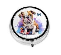 French Bulldog Butterfly Flower Round Pill Box with 3 Compartments, Mini Metal Pill Organizer for Purse or Pocket, Lightweight Portable for Daily Use Gifts Travel