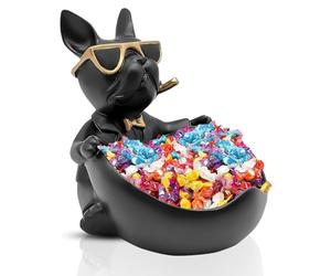 French Bulldog Candy Bowl Decor, Heart-Shaped Key Holder Bowl Candy Dish with Tray, Bulldog Accessories, Resin BulldogStatue for Office Desk Home Decor Figurines Entryway Table Decor (Love,Black)