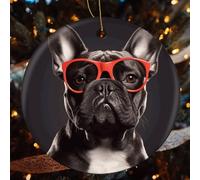 French Bulldog Ceramic Christmas Ornaments - 4 Pcs Rustic Round Xma Tree Decor with Hanging String, Personalized Vintage Double-Sided Holiday Party Decorations for Xmas Gifts