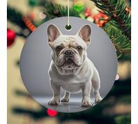 French Bulldog Christmas Ceramic Ornaments with Gold String - 2.8 Inch Round Double-Sided Porcelain Xmas Tree Decor for Fireplace Mantel, Farmhouse Winter Holiday Hanging Ornaments