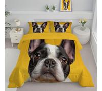 French Bulldog Coverless Duvet King 7.5 Tog, Reversible Washable Funny Animal Dog Comforter with 2 Pillowcases, 240x220cm Lightweight and Warm Camping Sleepovers Travel Quilt Yellow