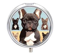 French Bulldog Dog Cute Travel Pill Box Case 3 Compartment Cute Pill Organizer Metal Pill Holder with Mirror Small Medicine Organizer Daily Pill Container for Purse Pocket Portable Meds Box