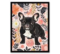 French Bulldog Dog Lover Pink Floral Design Framed Wall Art Artery8 Pink W12 inch x H16 inch