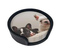French Bulldog Dog Pattern,Set of 6 Round Coasters, Pu Leather Drinks Coasters with Holder for Home Office Kitchen