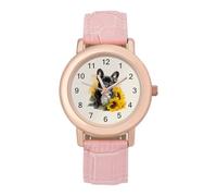 French Bulldog Dog Sunflower Women's Wrist Watch Easy Reader with Leather Strap Analog Display Wonderful Ladies Gifts