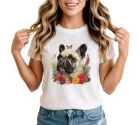 French Bulldog Floral Womens Graphic T-Shirt Animal Lover Dog Tee 4XL White