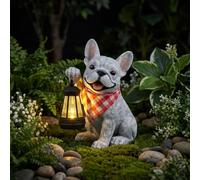 French Bulldog Garden Ornament with Solar Lantern Light Waterproof Resin Dog Statue Outdoor Decor Pet Memorial Figurine Sympathy Gifts for Dog Lovers Women Men, Patio Yard Lawn Decoration with Scarf