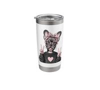 French Bulldog Girl Double Peace Sign Pink Bow Graphic Sharp Stainless Steel Insulated Tumbler