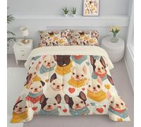French Bulldog Heart Duvet, Coverless Duvet Super King 7.5 Tog, Reversible Cartoon Animals Comeforter Set for All Season, Soft Lightweight Machine Washable Beige Quilt 264x230cm