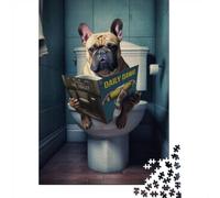French Bulldog in Bathroom 1000-Piece Puzzle for Adults, 38x26cm/1000pcs; White Pieces with A Smooth Surface; Shared Family Time Around The Table