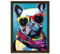 French Bulldog in Sunglasses and Bandana Folk Art Artwork Framed Wall Art Print A4 Artery8 Brown One Size