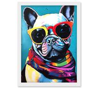 French Bulldog in Sunglasses and Bandana Folk Art Artwork Framed Wall Art Print A4 Artery8 White One Size