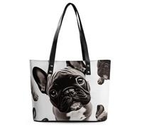 French Bulldog Leather Tote Bag for Women Work Shoulder Purses with Zipper Waterproof Large Computer Shoulder Bag Fashion Ladies Shoulder Handbag Reusable Shopping Bags
