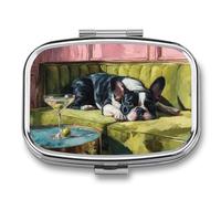 French Bulldog Lies on The Green Sofa Pill Box 2 Compartment Portable Medicine Pill Case Travel Pill Organizer for Pocket Purse
