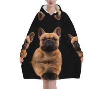 French Bulldog On Black,Women's Oversized Wearable Blanket Hoodie, Blanket Sweatshirt,Flannel Pullover Blanket