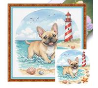 French Bulldog on The Beach Full 14CT DIY Stamped Cross Stitch Kits 11.81x11.81inch Embroidery Needlepoint Starter Kits for Beginners Adults Home Decor