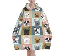French Bulldog Oversized Women's Wearable Blanket Hoodie, Flannel Pullover Blanket, Blanket Sweatshirt