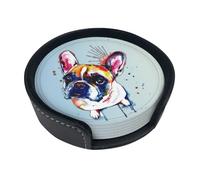 French Bulldog Painting,Set of 6 Round Coasters, Pu Leather Drinks Coasters with Holder for Home Office Kitchen