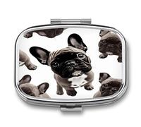 French Bulldog Pill Box 2-Compartment Portable Pill Case Square Metal Medication Organizer Small Weekly Medication Case with Mirror Stylish Vitamin Holder for Purse Pocket Travel