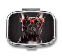 French Bulldog Pill Box 2 Compartment, Portable Pill Case with Mirror for Pocket Purse Travel, Mini Metal Medicine Organizer for Vitamins Fish Oil