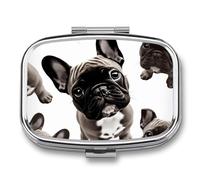 French Bulldog Pill Box - 2 Compartment Travel Pill Organizer with Small Mirror, Portable Pillcase for Pocket & Purse, Cute Square Medicine Case, Weekly Medicine Container