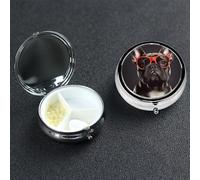 French Bulldog Pill Box 3 Compartment Round Metal Pill Case for Purse & Pocket, Portable Medicine Organizer Travel Pillbox Daily Pill Container Holder to Hold Vitamins, Fish Oil