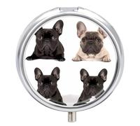 French Bulldog Pill Box 3 Compartment Travel Pill Organizer 3 Times A Day Cute Mini Pill Case for Purse & Pocket Portable Metal Medicine Box with Mirror Round Daily Medicine Vitamin Container