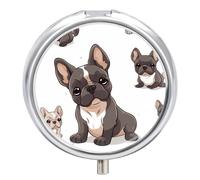 French Bulldog Pill Box - 3 Compartment Travel Pill Organizer with Small Mirror, Portable Pillcase for Pocket & Purse, Cute Round Medicine Case, Weekly Medicine Container