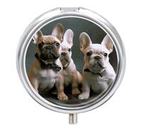 French Bulldog Pills Puppies Travel Pill Box 3 Compartments | Small Metal Pill Case with Mirror, Portable Daily Pill Organizer, Mini Medicine Holder for