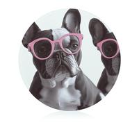 French Bulldog Pink Glasses Cutting Board for Kitchen Mini Cheese Chopping Board Round Tempered Glass Chopping Block for Picnic Cutting Pizza Meat Fruit(7.9 Inch)