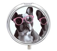 French Bulldog Pink Glasses Pill Box Round Portable Small Pill Case Waterproof Travel Pill Box Organizer for Pocket Purse and Daily Convenience