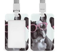 French Bulldog Pink Glasses Retractable ID Badge Holder with Lanyard - Vertical Badge Reel,Keychain Clip,Name Tag Id Card Holder Protector for Nurse Officer Teacher Security Staff Women Men