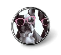 French Bulldog Pink Glasses Round Brooches Pin, Fashion Lapel Buttons Badge | Personalized Buttons Pin for Women, Lightweight Coat Badge for Men, Circular Brooches for Clothing, Dress, Hat