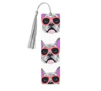 French Bulldog Pink Glasses Wooden Bookmark 5pcs for Book Lovers,DIY Wood Craft Bookmarks with Colorful Tassels Wooden Gift Tags Labels Rectangle Bookmarks Ornaments Unusual Gift for Men Women