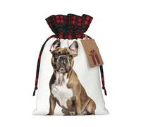 French Bulldog Print Christmas Drawstring Linen Gift Bags Reusable Fabric Bags With Tags For Christmas Gifts