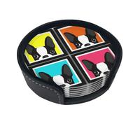 French Bulldog Printed,Set of 6 Round Coasters, Pu Leather Drinks Coasters with Holder for Home Office Kitchen