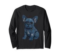 French Bulldog Puppy Distressed Denim Patch Graphic Long Sleeve T-Shirt