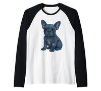 French Bulldog Puppy Distressed Denim Patch Graphic Raglan Baseball Tee