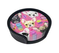 French Bulldog Puppy Watercolor,Set of 6 Round Coasters, Pu Leather Drinks Coasters with Holder for Home Office Kitchen