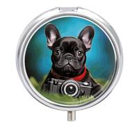 French Bulldog Puppy with Camera Pill Box 3 Compartment Portable Round Pill Organizer Leak-Proof Lightweight Daily Compact Travel Pill Case for Vitamins Supplements Medication
