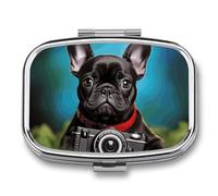 French Bulldog Puppy with Camera Pill Case for Travel, Rectangle Metal Pill Organizer with 2 Compartments, Portable Daily Medicine Box for Purse, Wallet
